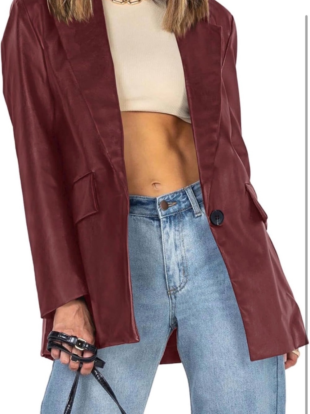 Women's Faux Leather Blazer Jacket in Deep Burgundy